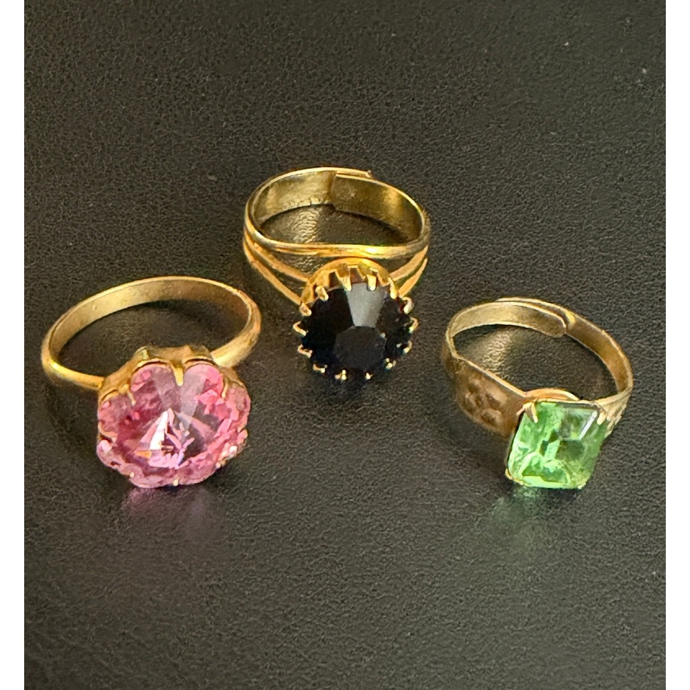Vintage Adjustable Cocktail Rings Set of 3 Gold Tone Pink Green Black